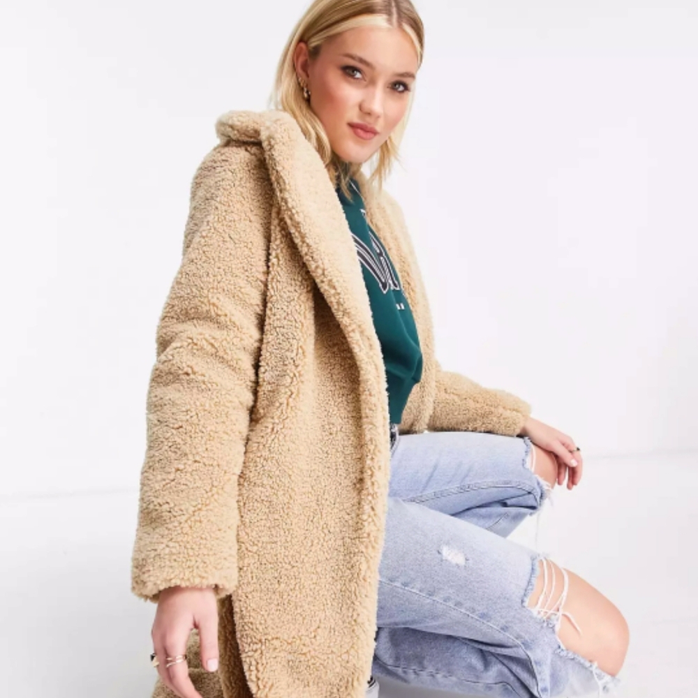 Long teddy coat by UK brand New Look
